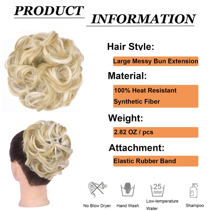 Elaine Big Messy Bun Extension Curly Hair Buns Hair Pieces for Women Synthetic Wavy Large Scrunchies Thick Updo Ponytail (Ash Blonde & Bleach Blonde Highlights #58) - Image 3